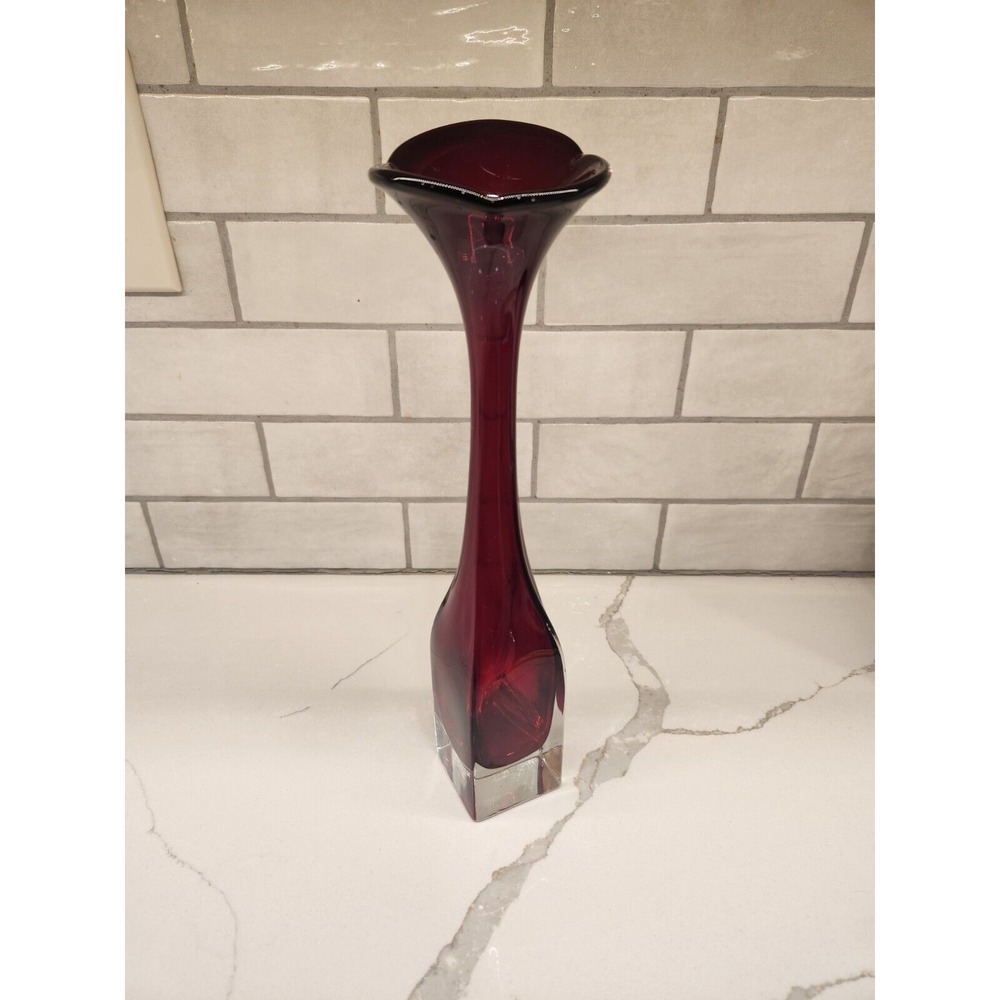 MCM Blown Glass Red Tall Thin Vase Seda Sweden, Vintage Decorative‎ Fluted Edge